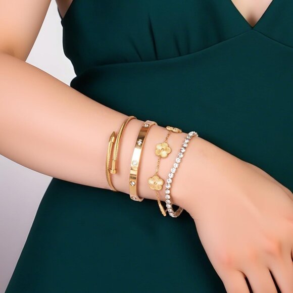 18K Gold Plated Womens Floral Clover Stackable Bracelets Set with Cubic Zirconia - Picture 5 of 6